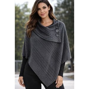 Le Moda JJ Women’s Gray Pleated Button Wrap Asymmetrical Warm Poncho Top #D